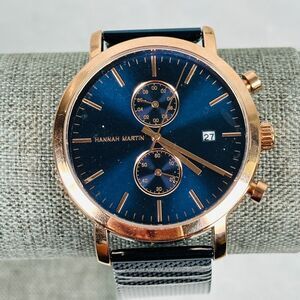 Hannah Martin Watch 45mm Chrono Date Blue Mesh Band Rose Gold Tone New Battery